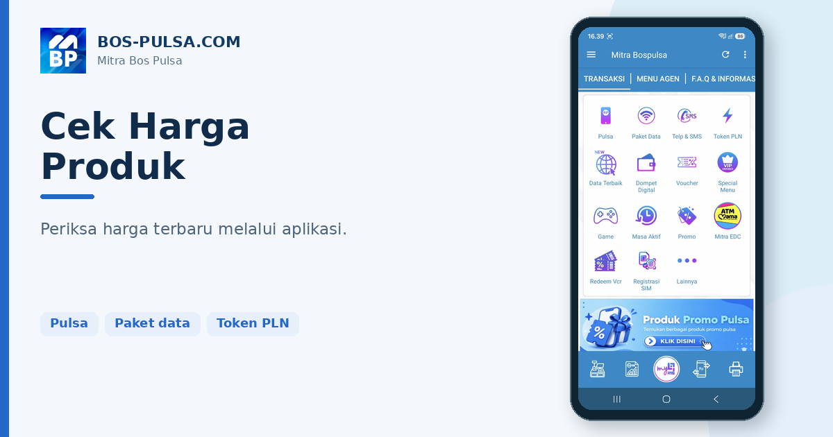 HP menampilkan layar utuh aplikasi Mitra Bos Pulsa, dari header hingga navigasi bawah