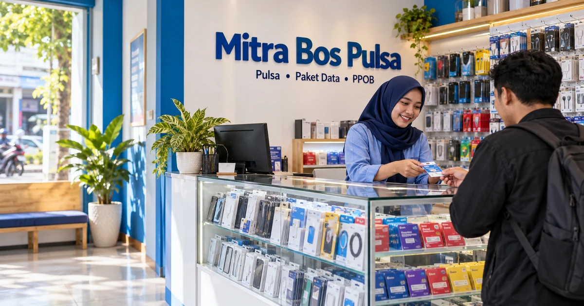 Ilustrasi konter Mitra Bos Pulsa untuk layanan pulsa, paket data dan PPOB