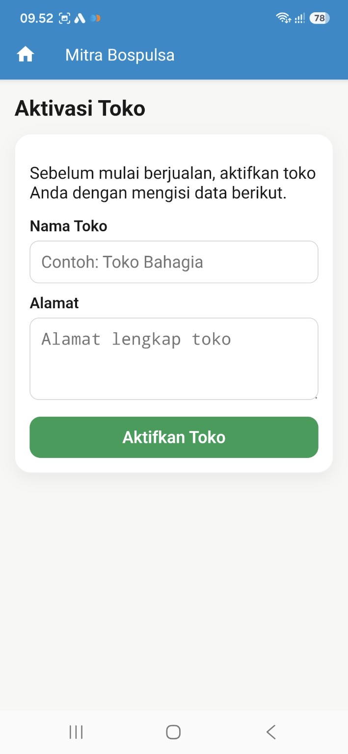 Halaman aktivasi toko BOS Kasir dengan kolom nama dan alamat toko