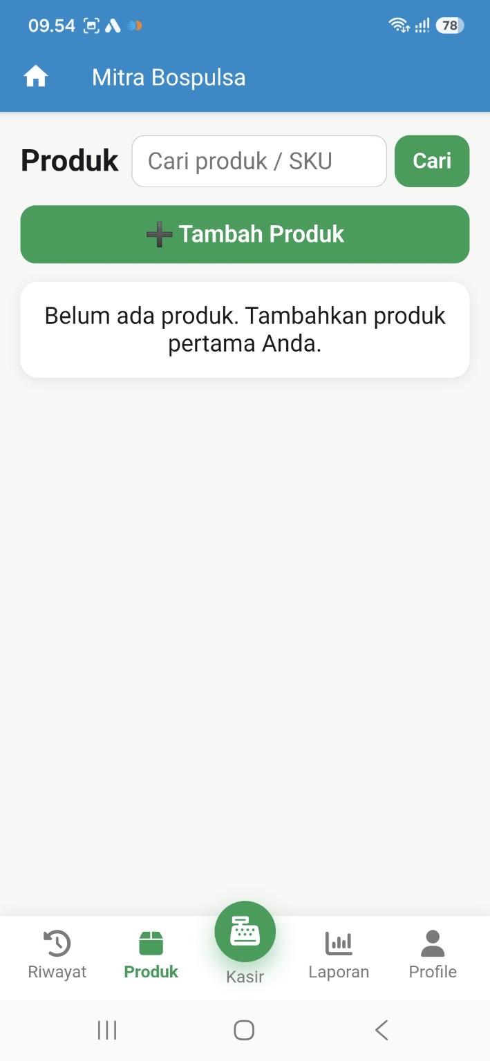 Halaman daftar produk BOS Kasir dengan pencarian produk atau SKU