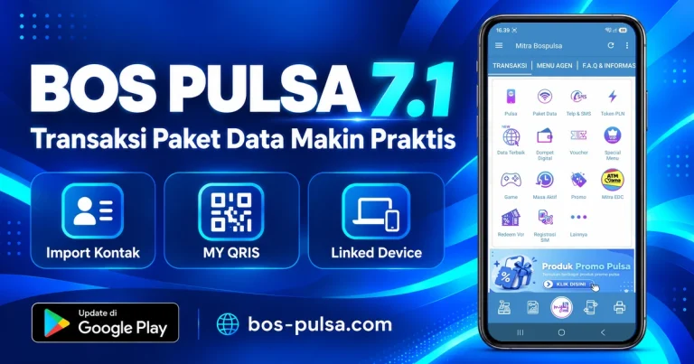 HP menampilkan layar utuh aplikasi Mitra Bos Pulsa, termasuk header, menu transaksi, banner, dan navigasi bawah