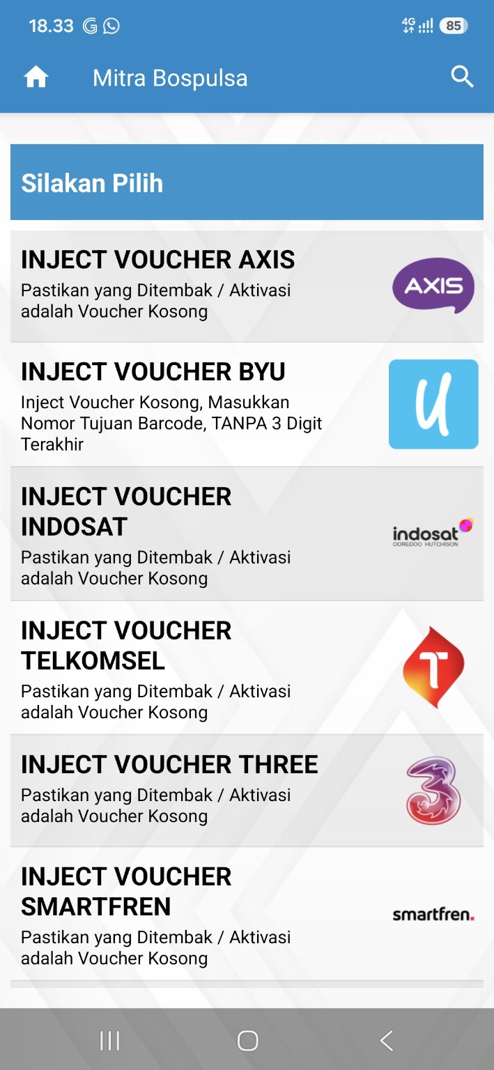 Menu fitur inject voucher BOS PULSA untuk berbagai operator