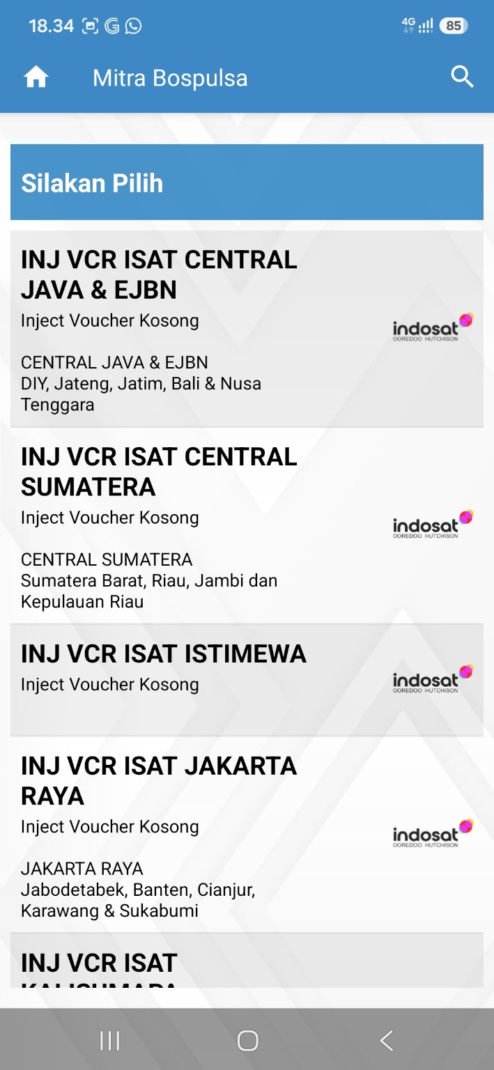 Pilihan inject voucher Indosat berdasarkan wilayah di aplikasi BOS PULSA