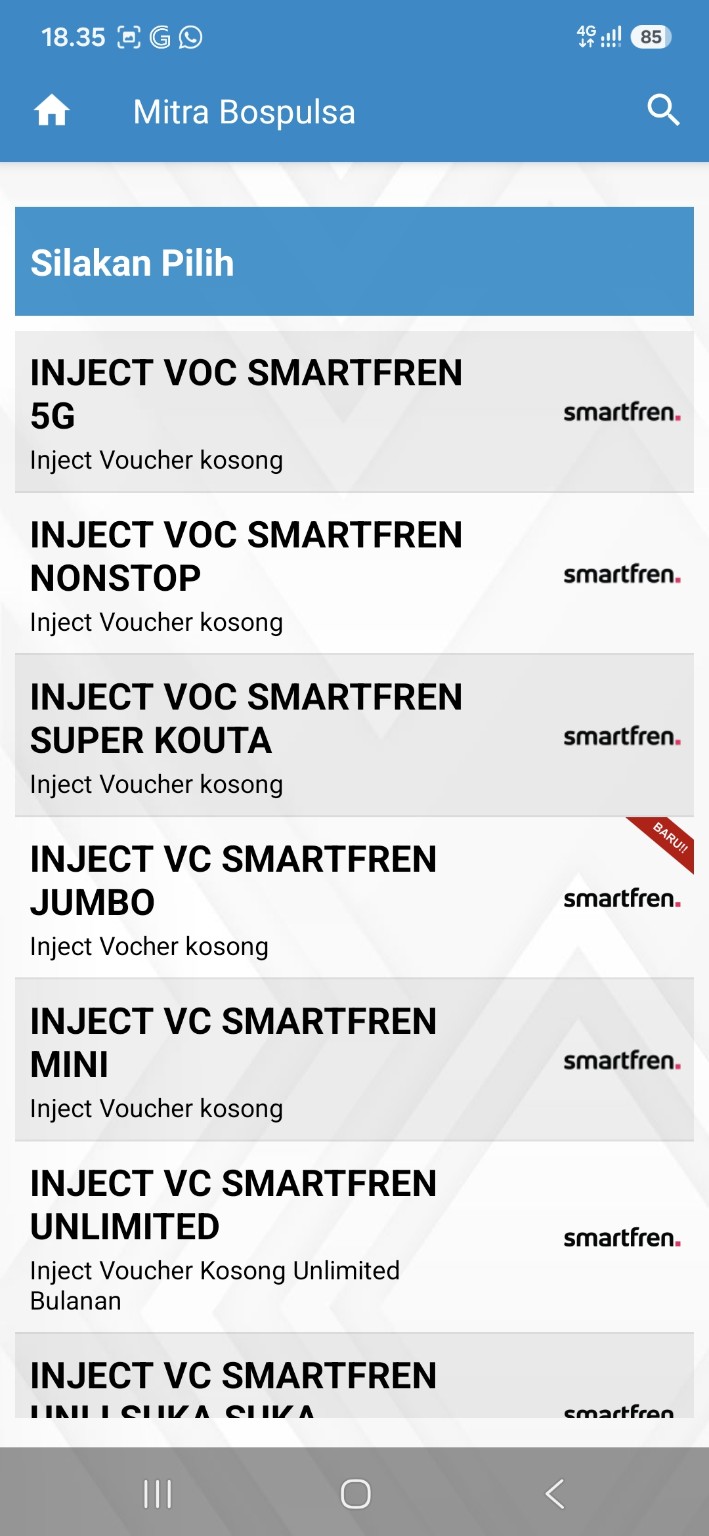 Pilihan produk inject voucher Smartfren di aplikasi BOS PULSA