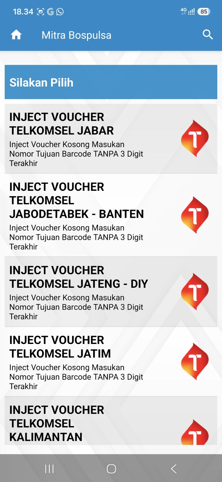 Pilihan inject voucher Telkomsel berdasarkan wilayah di aplikasi BOS PULSA