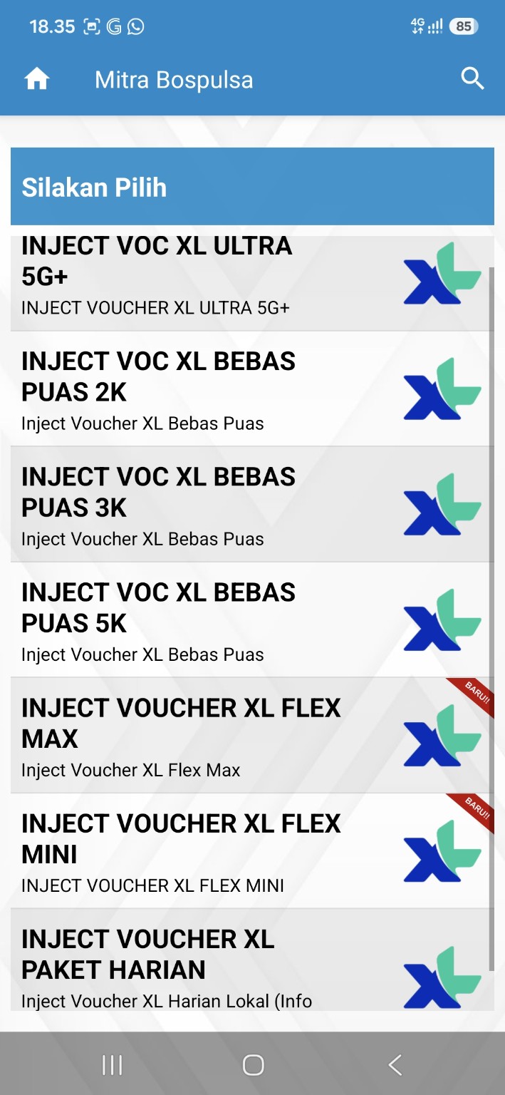 Pilihan produk inject voucher XL di aplikasi BOS PULSA