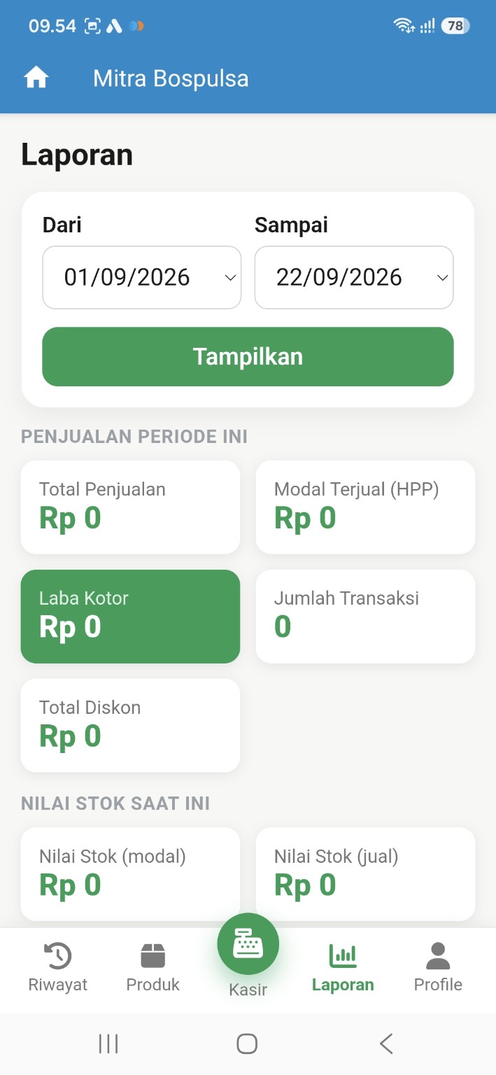 Laporan BOS Kasir menampilkan penjualan, modal terjual, laba kotor, transaksi, diskon, dan nilai stok