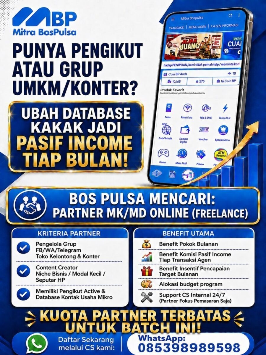 Poster pendaftaran Partner MK dan MD BOS PULSA untuk pemilik jaringan UMKM, komunitas, grup, dan konter