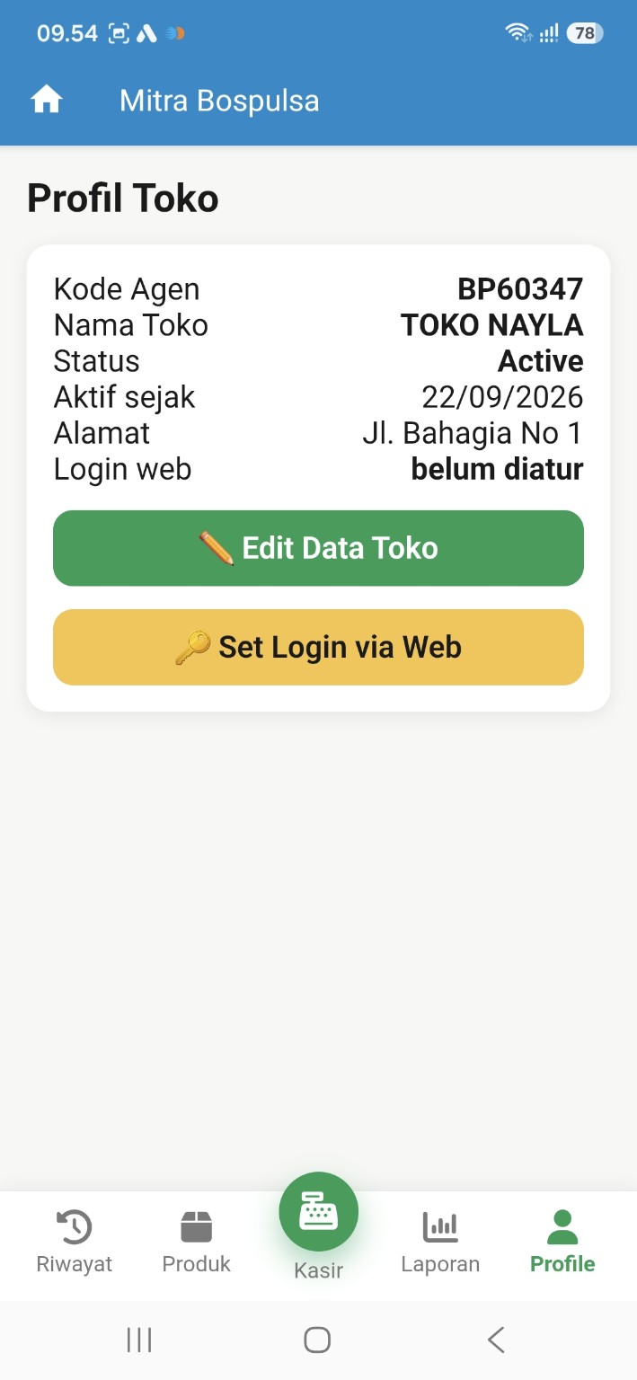 Profil toko BOS Kasir dengan data agen, alamat, dan pengaturan login web