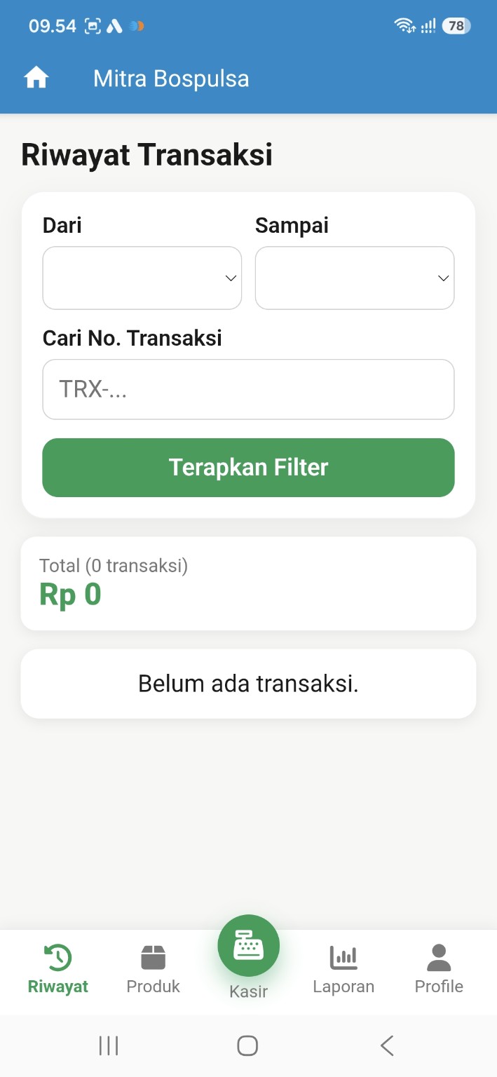 Riwayat transaksi BOS Kasir dengan filter tanggal dan nomor transaksi