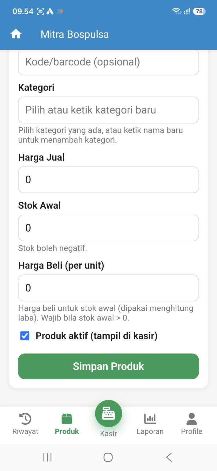 Pengaturan harga jual, stok awal, harga beli, dan status produk di BOS Kasir