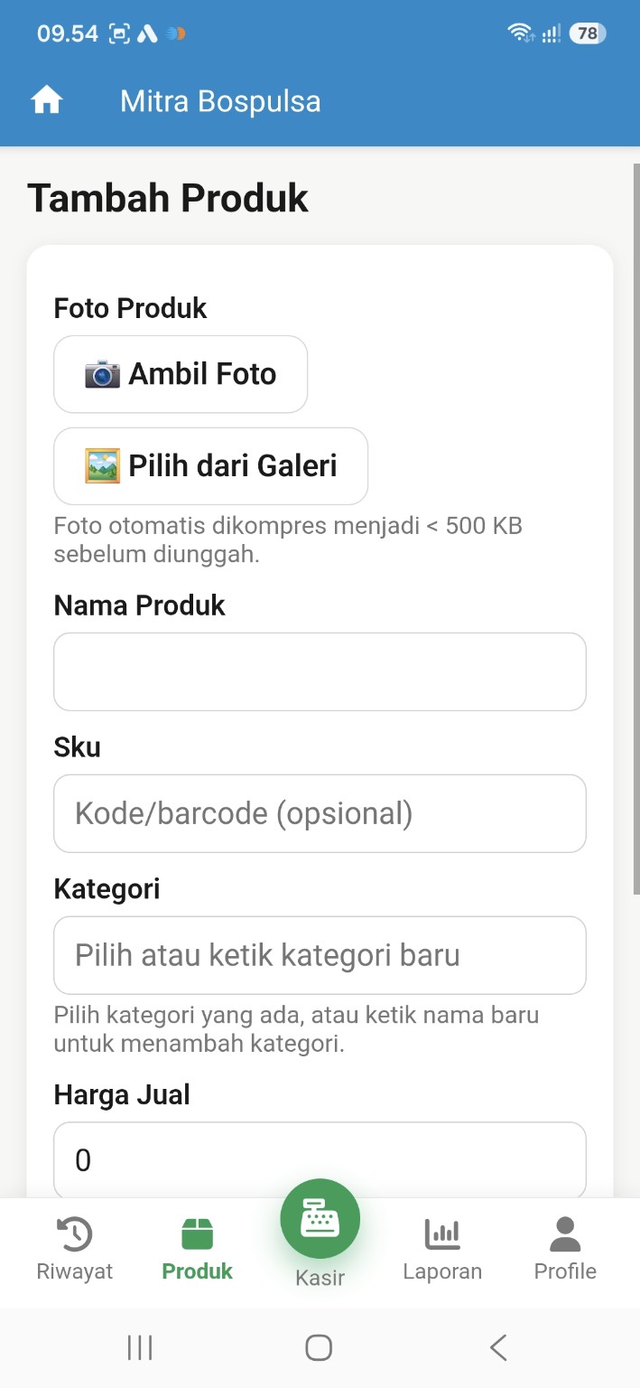 Form tambah produk BOS Kasir berisi foto, nama, SKU, kategori, dan harga jual