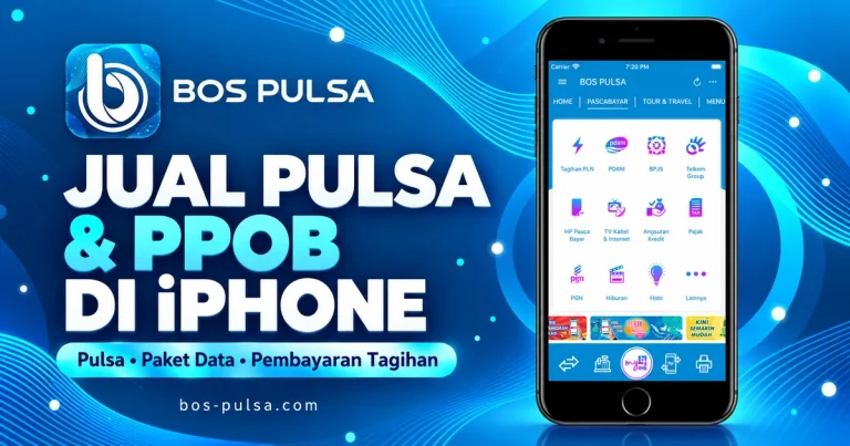 Ilustrasi iPhone menampilkan aplikasi BOS PULSA untuk layanan pulsa dan pembayaran PPOB