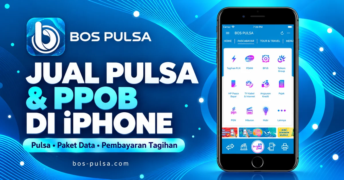 Ilustrasi iPhone menampilkan aplikasi BOS PULSA untuk layanan pulsa dan pembayaran PPOB