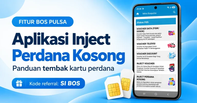 Panduan aplikasi inject perdana kosong BOS PULSA dengan tampilan menu aplikasi dan kartu SIM