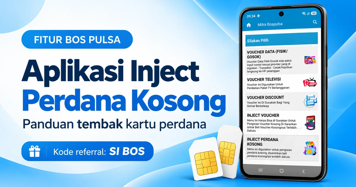 Panduan aplikasi inject perdana kosong BOS PULSA dengan tampilan menu aplikasi dan kartu SIM
