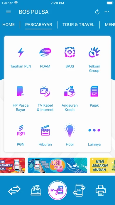 Tangkapan layar tab Pascabayar BOS PULSA iOS dengan menu Tagihan PLN, PDAM, BPJS, dan Telkom Group