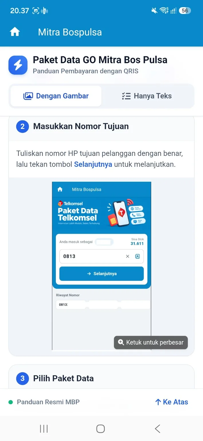 Panduan DATA GO untuk memasukkan nomor tujuan dan menekan tombol Selanjutnya