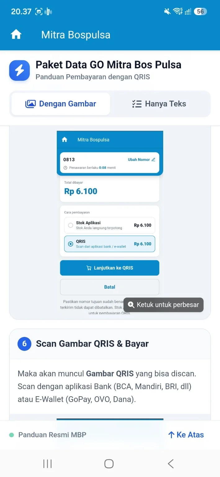 Pilihan pembayaran Stok Aplikasi atau QRIS dan tombol Lanjutkan ke QRIS pada DATA GO