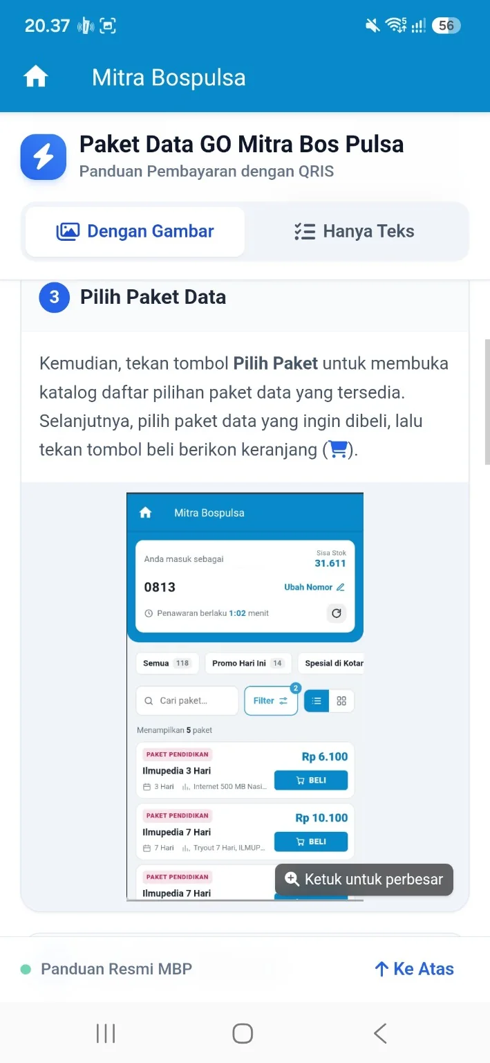 Panduan pemilihan paket data DATA GO dengan harga dan tombol Beli