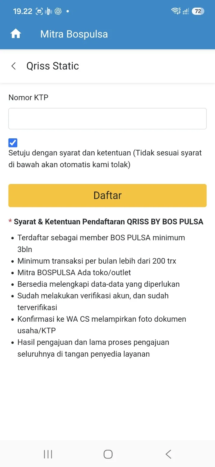 Form QRIS statis BOS PULSA berisi nomor KTP, tombol Daftar, dan syarat pengajuan