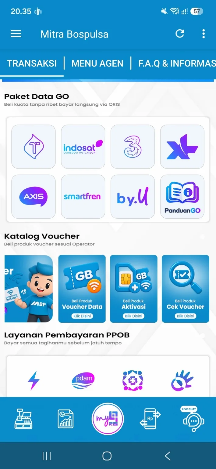 Menu Paket Data GO di aplikasi Mitra Bos Pulsa dengan tujuh pilihan operator dan PanduanGO