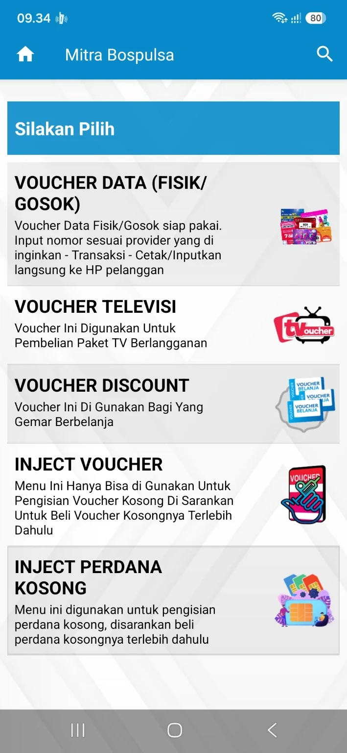 Menu Inject Perdana Kosong dan Inject Voucher pada aplikasi Mitra Bospulsa