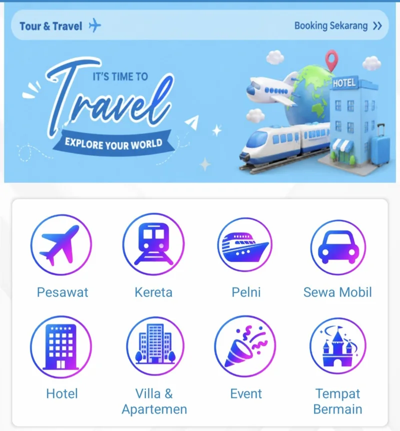 Tampilan menu Tour & Travel BOS PULSA dengan delapan pilihan layanan