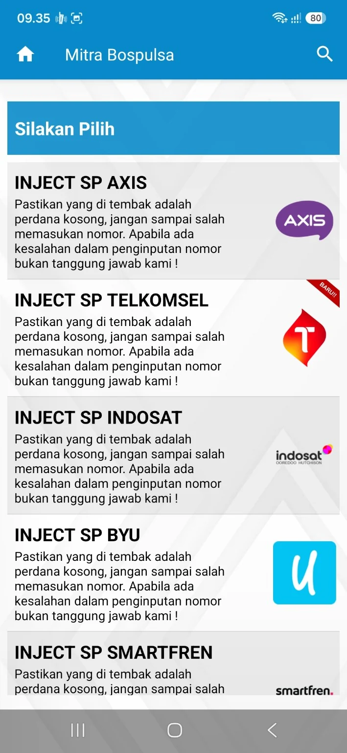 Pilihan Inject SP AXIS, Telkomsel, Indosat dan by.U di BOS PULSA