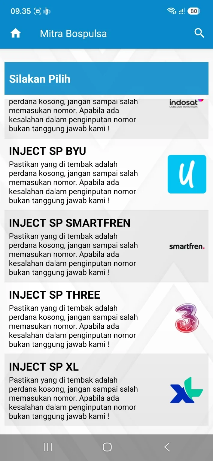 Pilihan Inject SP by.U, Smartfren, Three dan XL di BOS PULSA